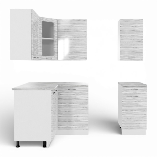 Кухня угловая ТАНГО  №7 белый корпус БЕЛЫЙ СТРАЙП (столеш Этория+сушка+планка)