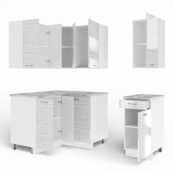 Кухня угловая ТАНГО  №7 белый корпус БЕЛЫЙ СТРАЙП (столеш Этория+сушка+планка)