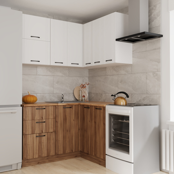 Кухня УГЛОВАЯ  Бари  Белый жемчуг/Тач Белый/Орех Антик