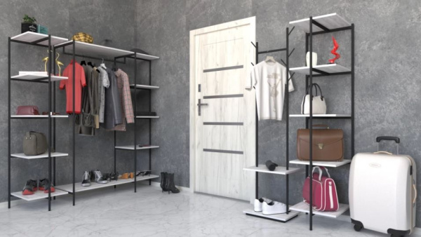 Вешалка Сиэтл напольная Двойная ветка с полкой Бетон пайн Белый/ Черный шелк