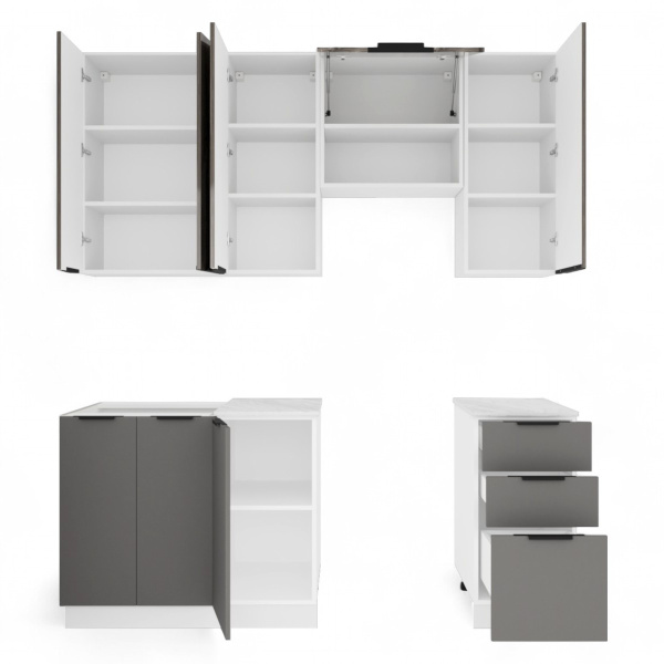 Кухня ПРАГА Серый Камень/ЭвоГлосс Тёмно Серый/ЭвоГлосс Империя/Этория (без мойки) 2.0м