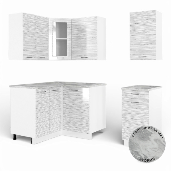 Кухня угловая ТАНГО  №7 белый корпус БЕЛЫЙ СТРАЙП (столеш Этория+сушка+планка)