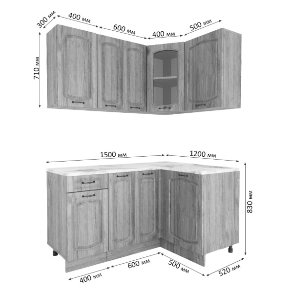 Кухня угловая Равенна Сосна лофт / Дуб светлый (столеш Луанда+сушка+планка) 1,5м