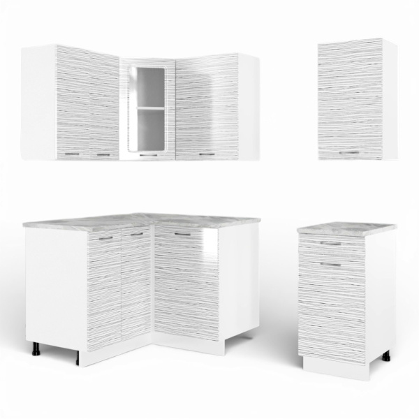 Кухня угловая ТАНГО  №7 белый корпус БЕЛЫЙ СТРАЙП (столеш Этория+сушка+планка)